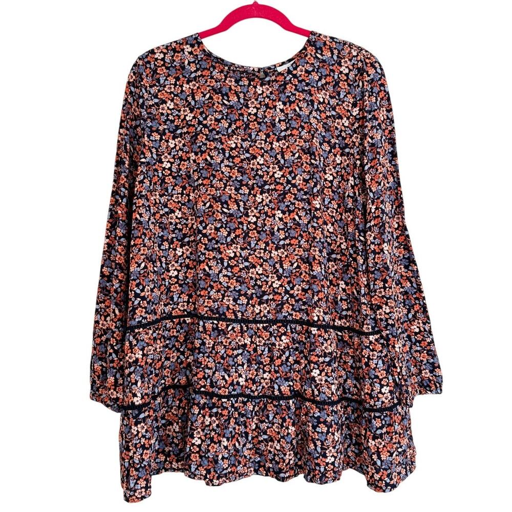 J Jill Floral Blouse Tiered Tunic Boho Cottage Smocked Long Sleeve Womens Large
